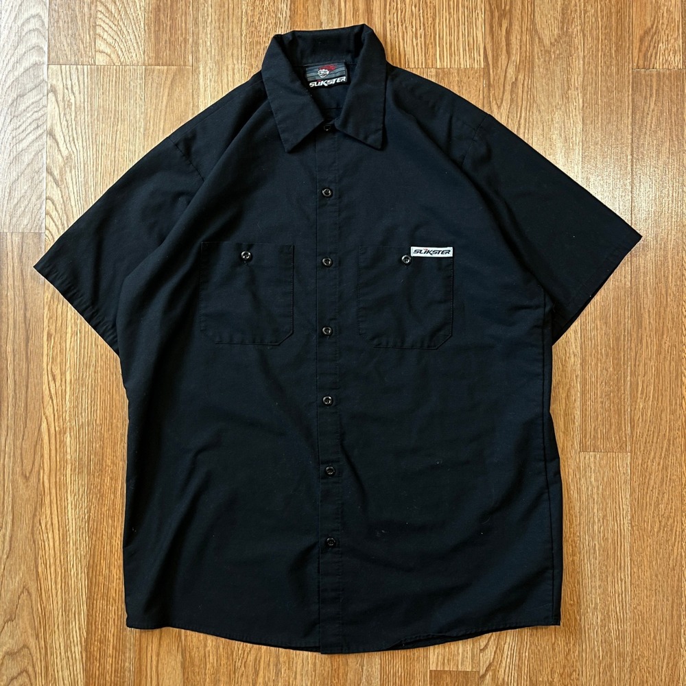 Slikster Y2K Black Work Shirt Spade Skeleton Ribcage VTG Short Sleeve L USA - Picture 2 of 5